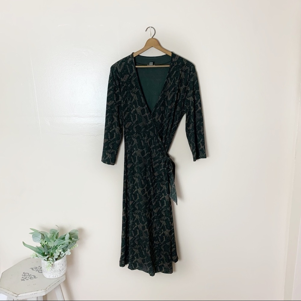 [J.Jill] Medium Dark Green Brown Printed Long Sleeve Stretch Wrap Dress